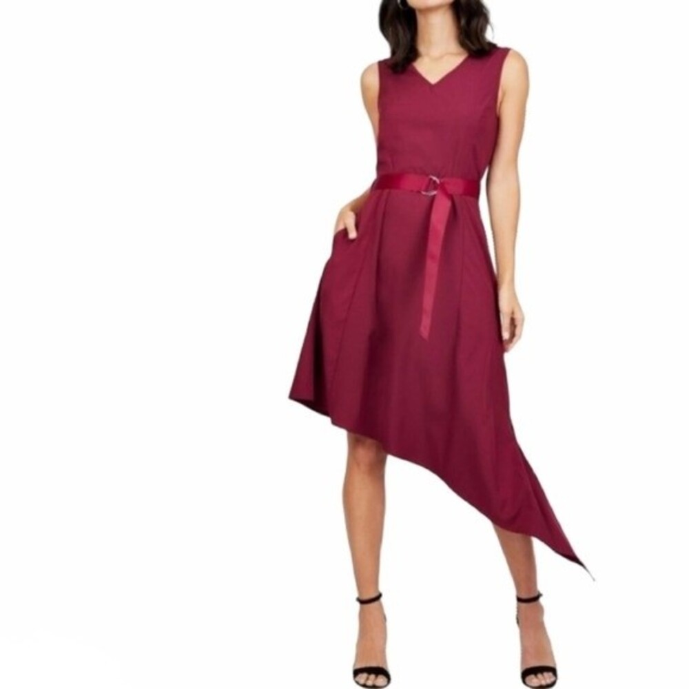 NIIA Burgundy Asymmetrical Waist Belt Tank Dress